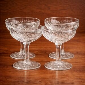 Set of 4 Cut Crystal Coupe Champagne Glasses Starburst Pattern Vintage Style